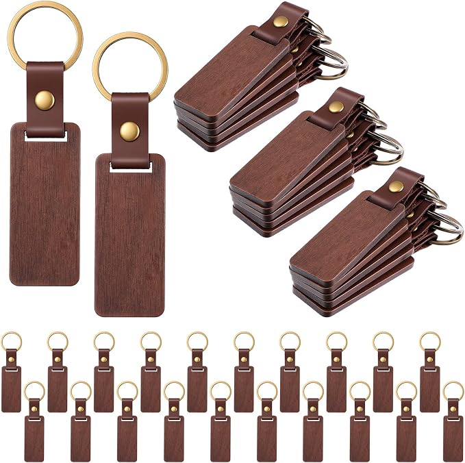 Walnut Brown Wooden Keychains with Leather Strap for Laser Engraving