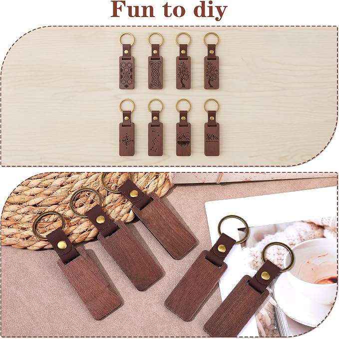 Walnut Brown Wooden Keychains with Leather Strap for Laser Engraving