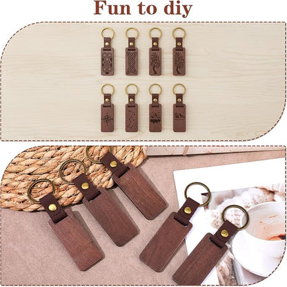 Walnut Brown Wooden Keychains with Leather Strap for Laser Engraving