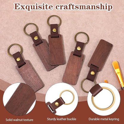 Walnut Brown Wooden Keychains with Leather Strap for Laser Engraving