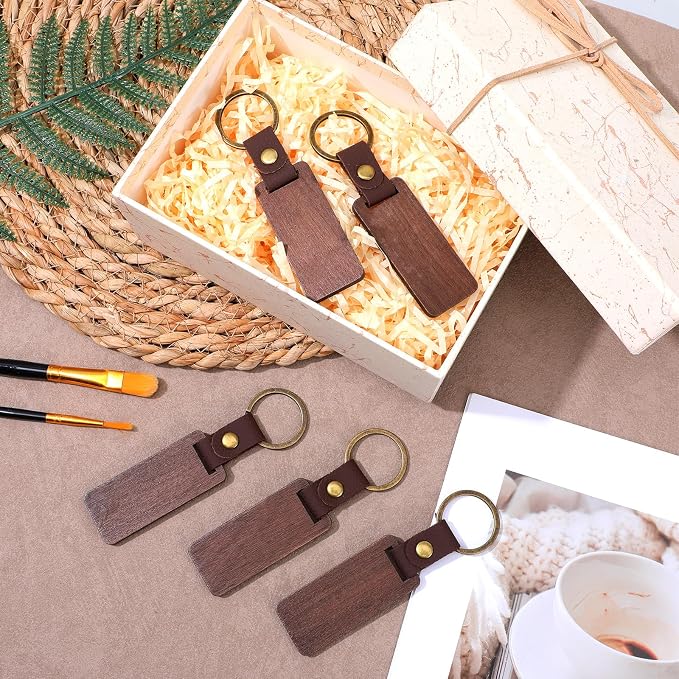 Walnut Brown Wooden Keychains with Leather Strap for Laser Engraving